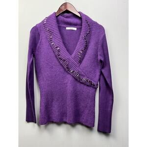 Red Collection Angora Wool Purple Sweater Pullover Size S/M embellished V Neck